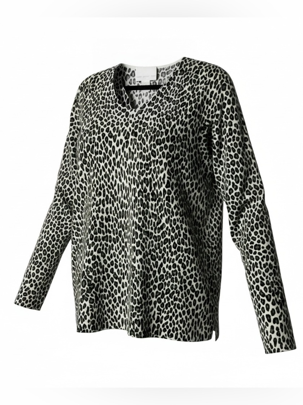 Susan Graver Style Snow Leopard Print Tunic Sweater Large V-Neck Side Slits Gray